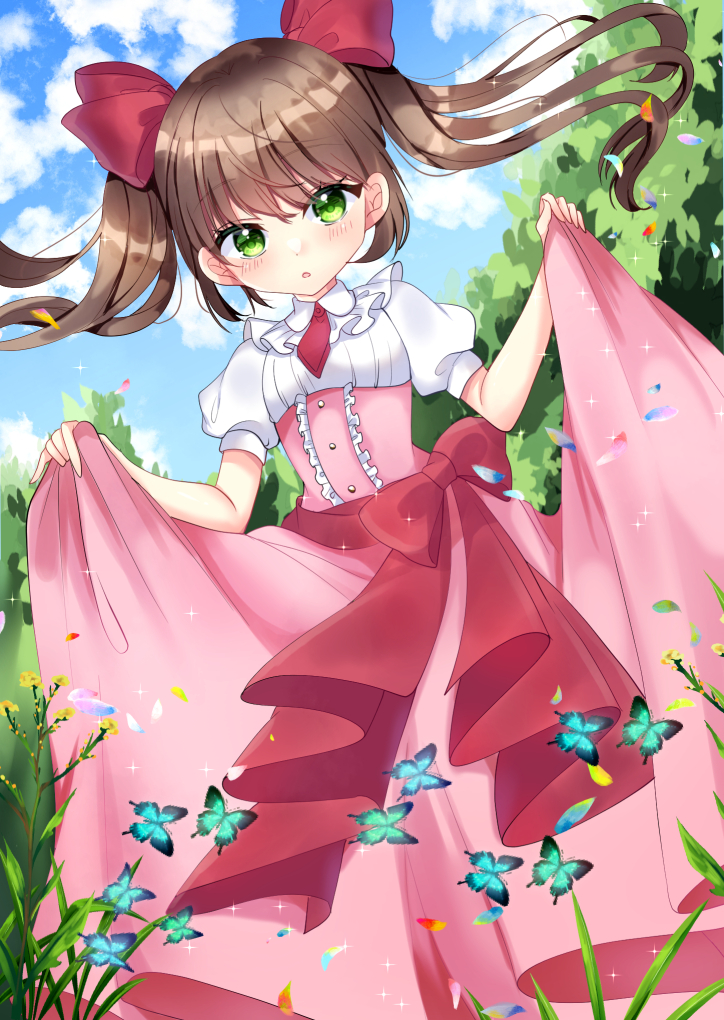 1girl :o animal bangs blush bow breasts bug butterfly center_frills commentary_request day eyebrows_visible_through_hair floating_hair flower frills green_eyes hair_bow long_hair looking_at_viewer misaki_(misaki86) original outdoors parted_lips petals pink_skirt puffy_short_sleeves puffy_sleeves red_bow shirt short_sleeves skirt skirt_hold small_breasts solo twintails upturned_eyes white_shirt yellow_flower