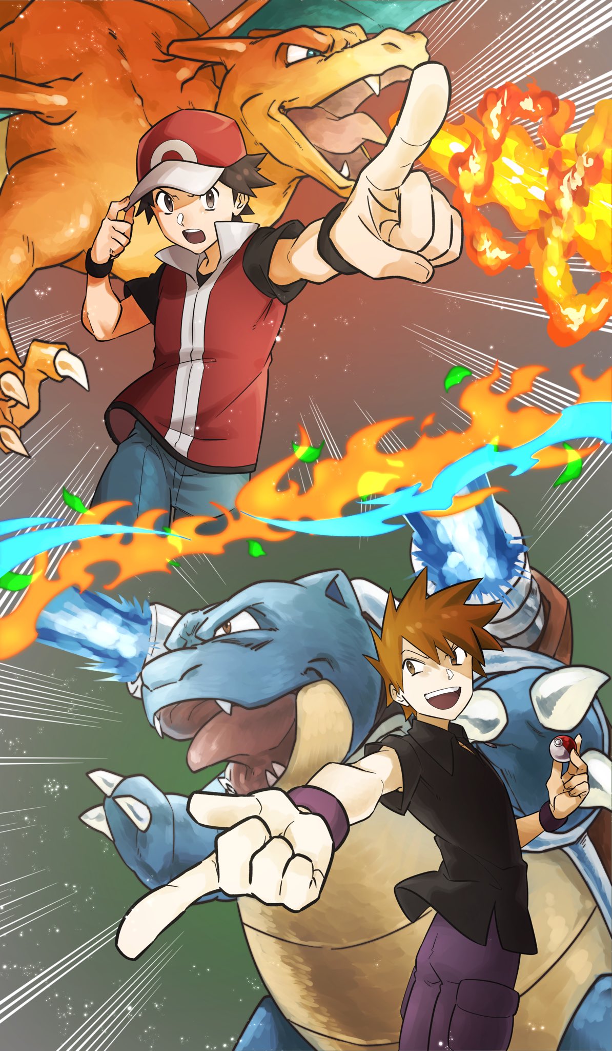 2boys :d baseball_cap black_shirt blastoise blue_oak brown_eyes brown_hair charizard collared_shirt commentary_request fire hand_on_headwear hat highres holding holding_poke_ball jacket male_focus multiple_boys open_mouth outstretched_arm pants pkpokopoko3 pointing poke_ball poke_ball_(basic) pokemon pokemon_(creature) pokemon_(game) pokemon_frlg purple_pants red_(pokemon) red_headwear shirt short_hair short_sleeves smile spiky_hair teeth tongue upper_teeth water wristband