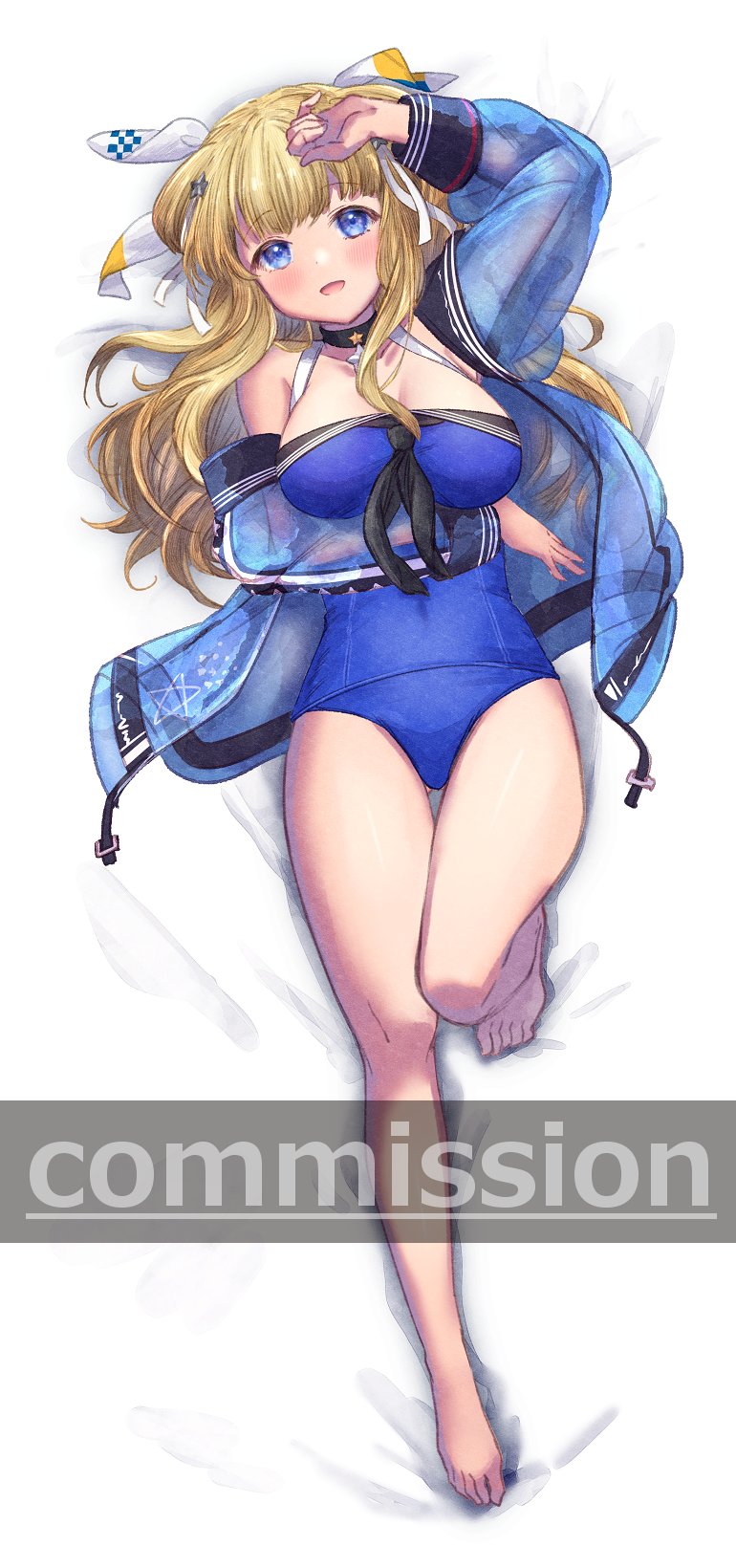 1girl blonde_hair blue_swimsuit breasts casual_one-piece_swimsuit commentary_request commission cosplay double_bun fletcher_(kancolle) highres ittokyu jacket johnston_(kancolle) johnston_(kancolle)_(cosplay) kantai_collection large_breasts long_hair looking_at_viewer lying one-piece_swimsuit see-through see-through_jacket smile solo swimsuit violet_eyes