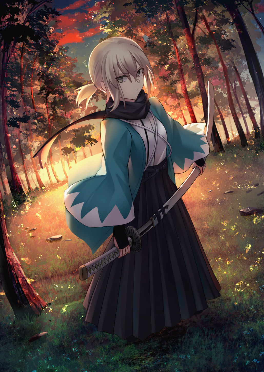 1girl alternate_hairstyle bangs black_hakama black_scarf blonde_hair closed_mouth clouds commentary_request eyebrows_visible_through_hair fate/grand_order fate_(series) forest grass green_eyes hair_between_eyes hakama hakama_skirt haori highres holding holding_sword holding_weapon japanese_clothes katana kaze_minoru_so-ru kimono koha-ace looking_at_viewer nature okita_souji_(fate) okita_souji_(koha/ace) open_clothes outdoors ponytail scarf sheath sheathed shinsengumi short_hair short_ponytail sidelocks skirt sky solo sunlight sword tree weapon white_kimono wide_sleeves