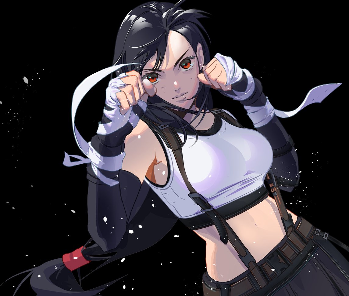 1girl black_background black_hair black_skirt black_sports_bra breasts clenched_hands closed_mouth crop_top elbow_gloves ffffcoffee fighting_stance final_fantasy final_fantasy_vii final_fantasy_vii_remake gloves long_hair low-tied_long_hair midriff red_eyes serious skirt solo sports_bra suspender_skirt suspenders tank_top tifa_lockhart upper_body white_tank_top