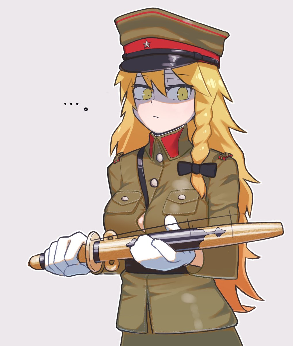 ... 1girl bad_id bad_twitter_id bangs baton_(weapon) black_bow blonde_hair bow braid breast_pocket breasts brown_headwear brown_jacket brown_skirt closed_mouth commentary_request cookie_(touhou) cowboy_shot expressionless eyebrows_visible_through_hair gloves grey_background hair_bow hat hat_ornament highres holding holding_weapon jacket kirisame_marisa large_breasts long_hair looking_to_the_side mikami_makoto military military_hat military_uniform ohasi peaked_cap pocket shaded_face side_braid simple_background single_braid skirt solo standing star_(symbol) star_hat_ornament touhou uniform weapon white_gloves yellow_eyes