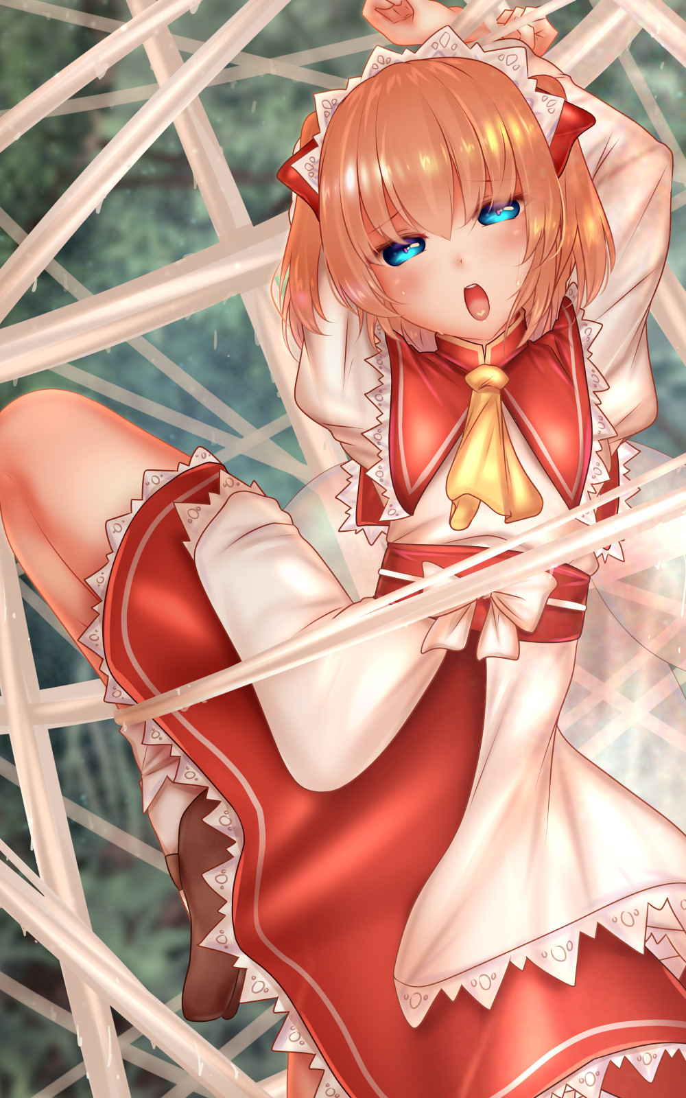 1girl arm_up ascot blonde_hair blue_eyes bow brown_footwear capelet fairy fairy_wings frilled_skirt frills highres looking_at_viewer mary_janes obi open_mouth orange_hair puffy_short_sleeves puffy_sleeves red_capelet red_skirt sash shirt shoes short_hair short_sleeves shounen_(hogehoge) silk skirt spider_web sunny_milk touhou white_bow white_shirt wings yellow_ascot yellow_neckwear