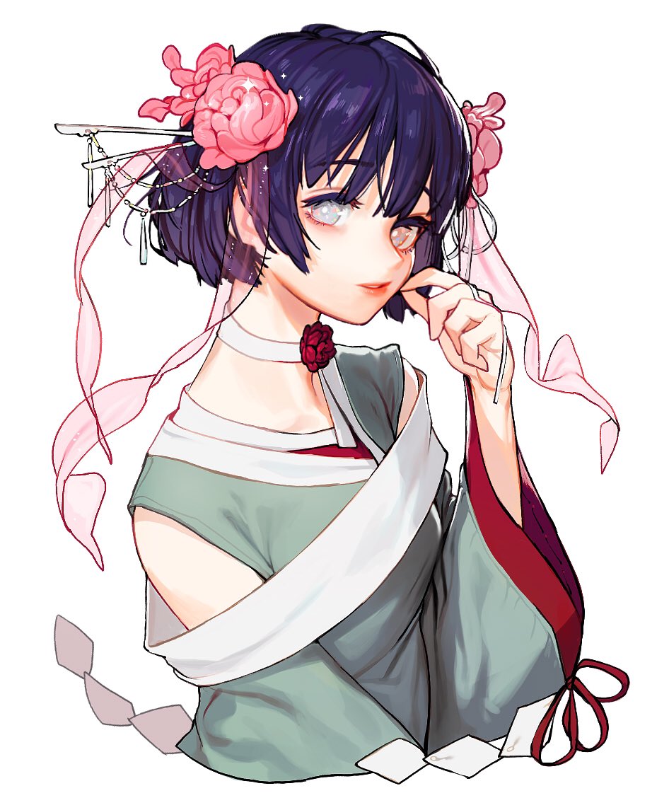 1girl bangs black_hair choker cropped_torso flower hair_flower hair_ornament hand_up original parted_lips pink_flower red_flower rinotuna shadow short_hair simple_background solo upper_body white_background white_eyes