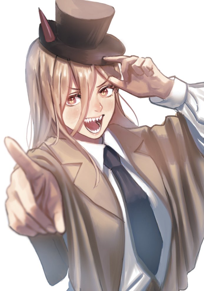 +_+ 1girl :d black_headwear black_neckwear blonde_hair blurry blush breasts brown_coat chainsaw_man coat collared_shirt commentary demon_horns depth_of_field dress_shirt eyebrows_visible_through_hair foreshortening hair_between_eyes hand_on_headwear hat horns horns_through_headwear lips long_hair long_sleeves looking_at_viewer necktie open_clothes open_coat open_mouth pointing pointing_at_viewer power_(chainsaw_man) red_eyes sdf1313 sharp_teeth shirt simple_background small_breasts smile solo teeth top_hat upper_body v-shaped_eyebrows white_background white_shirt wing_collar