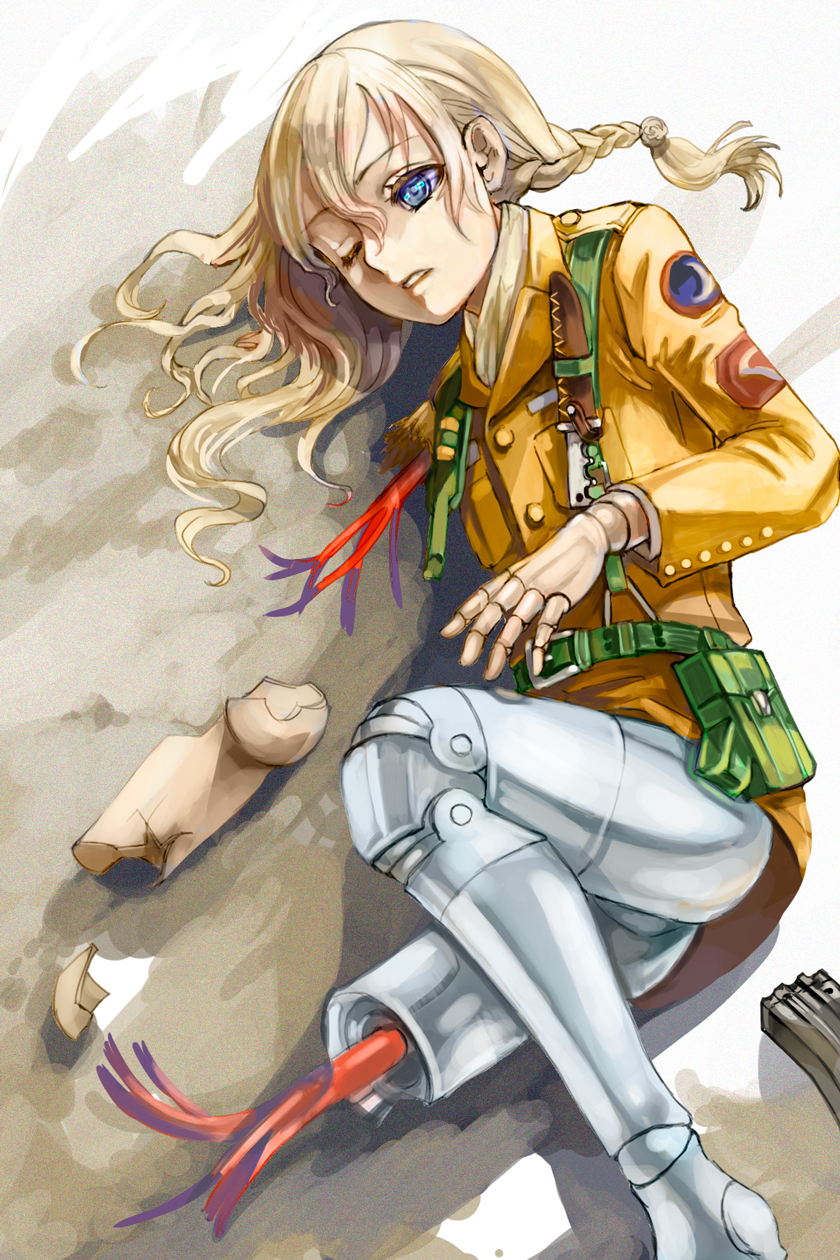 1girl amputee bangs blonde_hair blue_eyes braid brown_jacket buttons collared_shirt cyborg foot_out_of_frame from_above green_belt hair_ornament highres jacket long_hair long_sleeves lying mechanical_legs on_side one_eye_closed original pouch prosthesis prosthetic_leg satou_usuzuku shiny shiny_clothes shirt solo