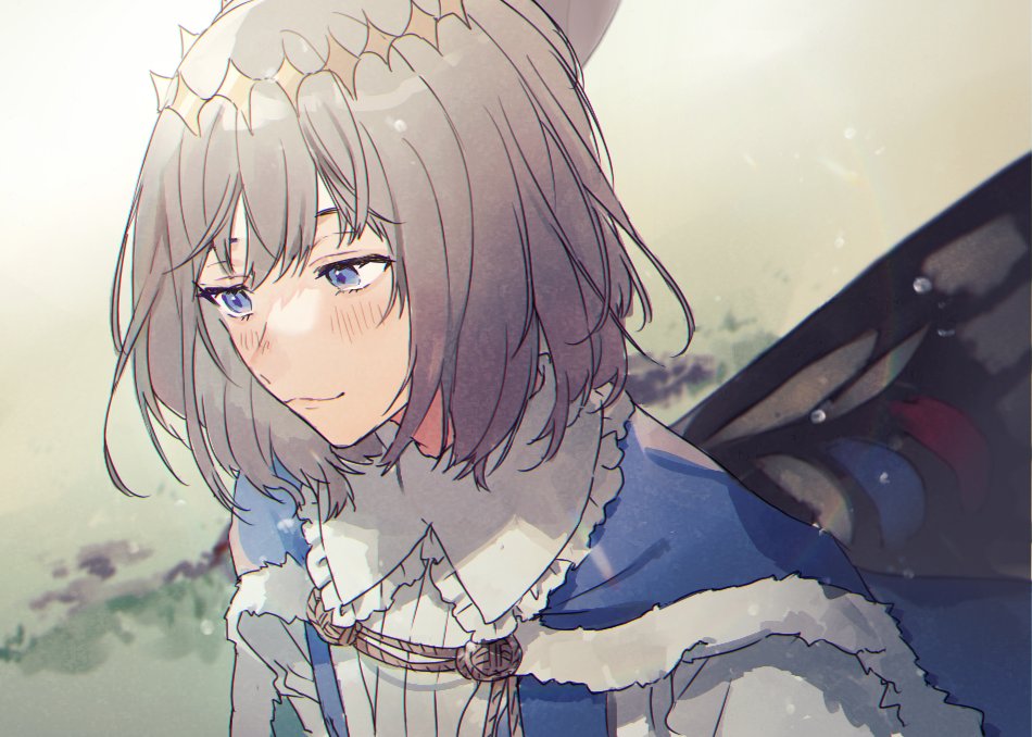 1boy bangs blue_eyes blush butterfly_wings cape crown eri_05b fate/grand_order fate_(series) fur-trimmed_cape fur_trim looking_at_viewer looking_down male_focus oberon_(fate) shirt short_hair silver_hair smile solo upper_body white_shirt wings