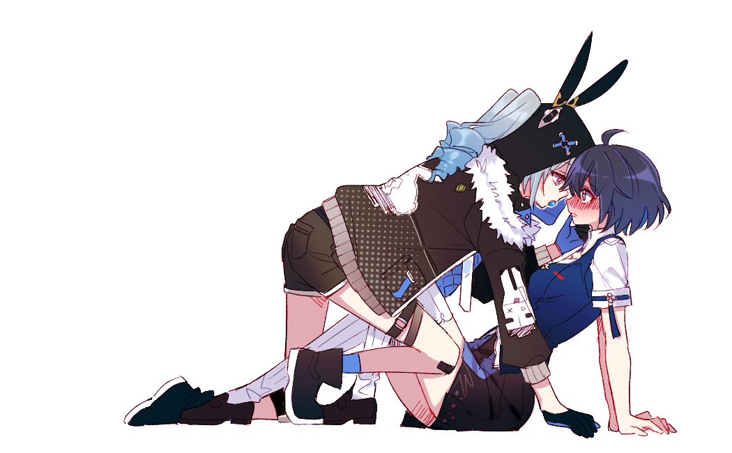 2girls 6_(yuchae) animal_hood bangs black_footwear black_gloves black_jacket black_shorts black_skirt blue_eyes blue_hair blue_legwear blue_vest blush bronya_zaychik bronya_zaychik_(haxxor_bunny) drill_hair full_body gloves grey_eyes grey_hair hand_on_another's_cheek hand_on_another's_face honkai_(series) honkai_impact_3rd hood jacket long_hair long_sleeves looking_at_another multiple_girls on_floor seele_vollerei seele_vollerei_(swallowtail_phantasm) shirt shoes short_hair short_sleeves shorts simple_background sitting skirt sneakers thigh-highs twin_drills vest white_background white_legwear white_shirt yuri