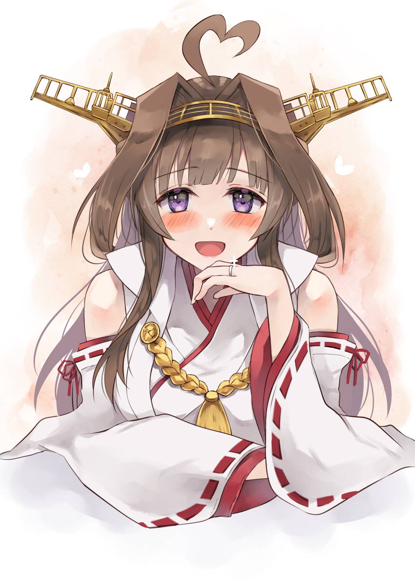 1girl ahoge breasts brown_hair commission detached_sleeves double_bun hairband hatomaru_(hatomaru56) headgear heart_ahoge highres japanese_clothes jewelry kantai_collection kongou_(kancolle) large_breasts long_hair nontraditional_miko remodel_(kantai_collection) ribbon-trimmed_sleeves ribbon_trim ring skeb_commission solo upper_body violet_eyes wedding_band