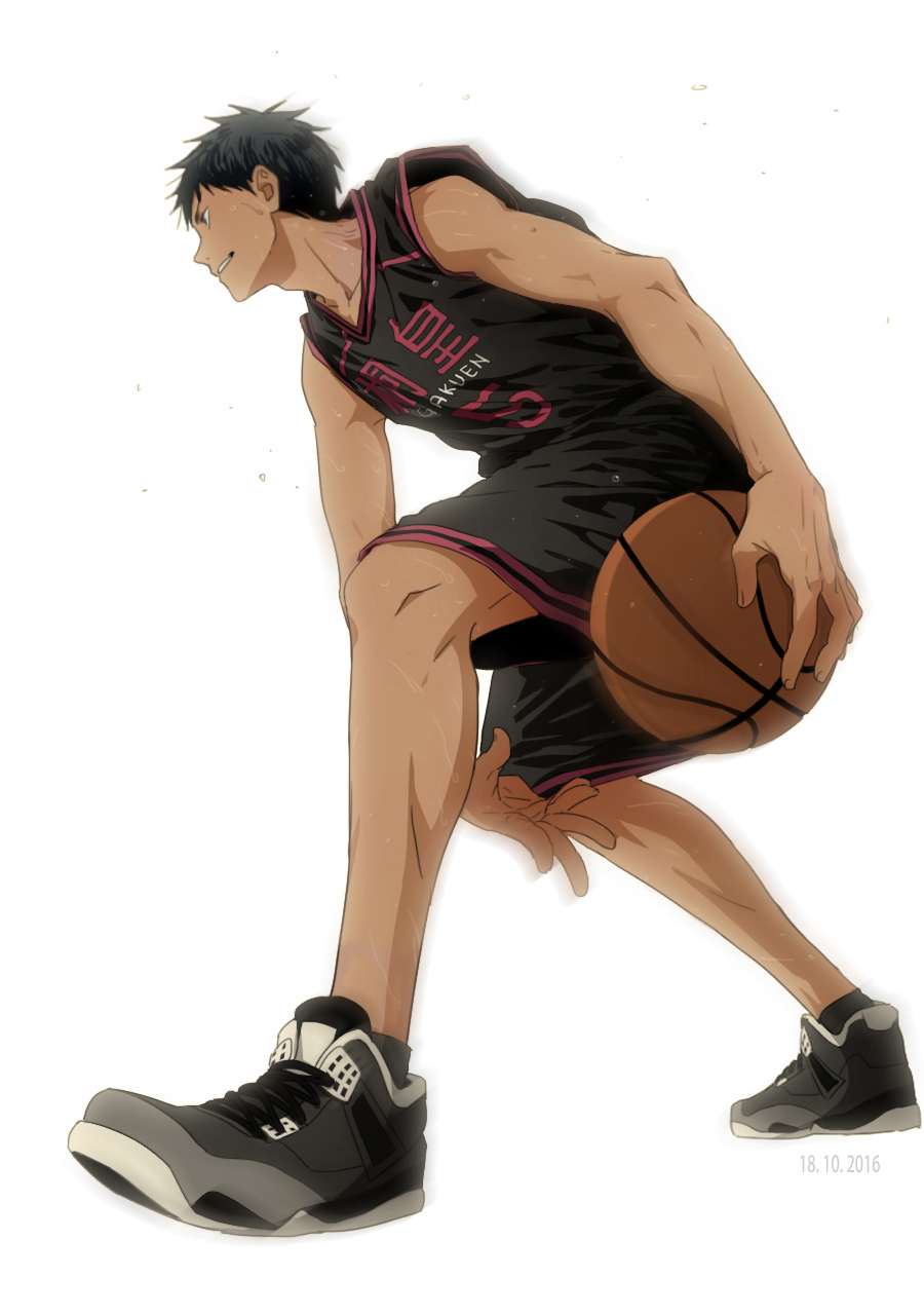 1boy aomine_daiki ball basketball basketball_uniform blue_hair chinese_commentary dark-skinned_male dark_skin full_body highres holding holding_ball kuroko_no_basuke shoes short_hair shorts smile sneakers solo sportswear sweat toned toned_male white_background xuan_zhi_yue_ying