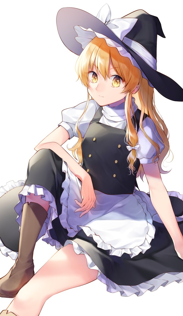 1girl :| apron arm_rest black_headwear black_skirt black_vest blonde_hair boots bow breasts brown_footwear buttons closed_mouth elbow_on_knee elbow_rest expressionless foot_out_of_frame frilled_skirt frills hand_on_own_knee hat hat_bow hat_ribbon high_collar highres kaede_(mmkeyy) kirisame_marisa long_hair looking_at_viewer medium_breasts on_floor puffy_short_sleeves puffy_sleeves ribbon shirt short_sleeves sidelocks single_boot sitting skirt solo thighs touhou vest waist_apron white_apron white_background white_bow white_ribbon white_shirt witch_hat yellow_eyes