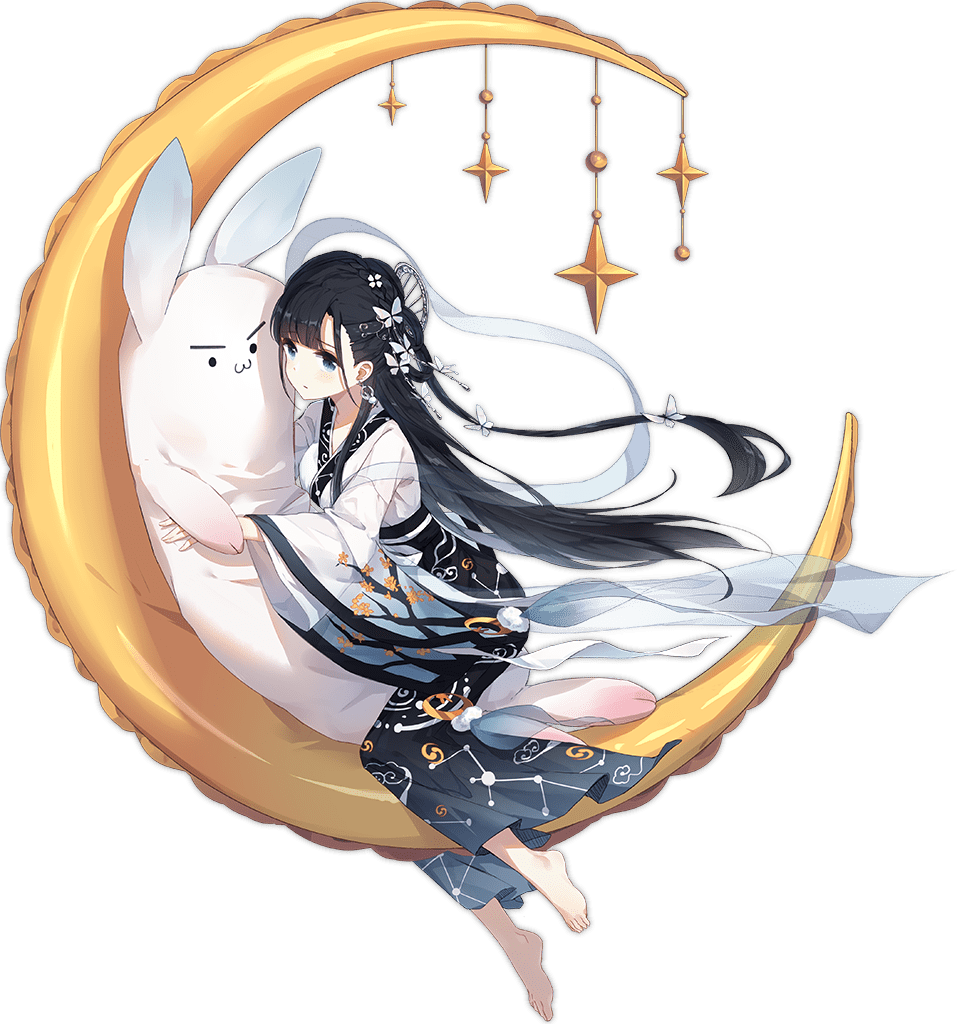 1girl ark_order bangs barefoot black_hair blue_dress blue_eyes braid butterfly_hair_ornament chang'e_(ark_orer) chinese_clothes cloud_print constellation_print crescent dress earrings expressionless floral_print full_body hagoromo hair_ornament hairpin hanfu jewelry long_hair long_sleeves looking_at_viewer official_art on_moon shawl sitting solo star_(symbol) straddling stuffed_animal stuffed_bunny stuffed_toy tachi-e transparent_background two-tone_dress very_long_hair white_dress wide_sleeves yue_yue