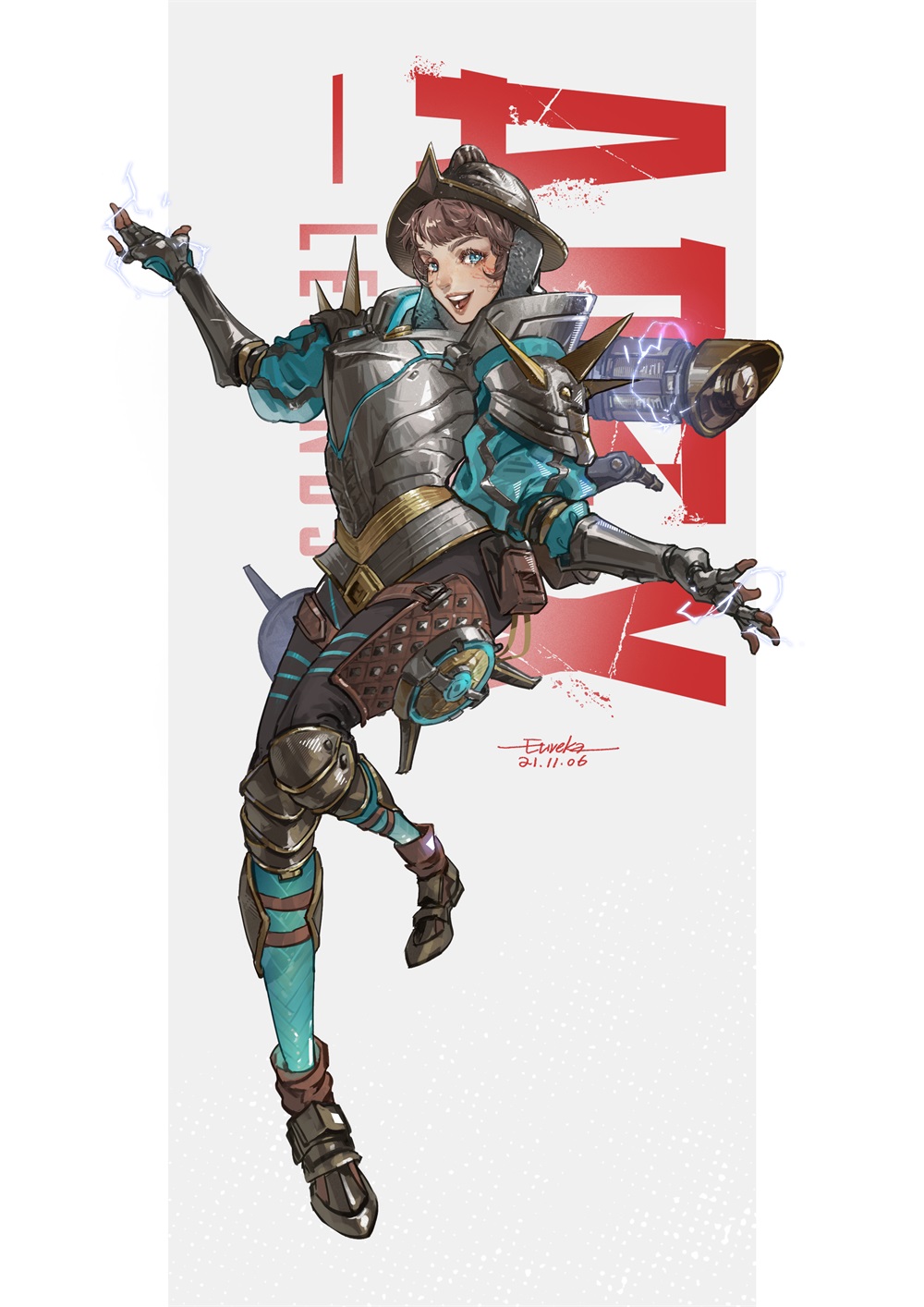 1girl apex_legends armor artist_name bangs blue_eyes blue_jacket blush brown_footwear brown_hair copyright_name dated electricity eureka1812 helmet highres jacket logo looking_at_viewer open_hands open_mouth shoulder_spikes smile solo spikes wattson_(apex_legends)