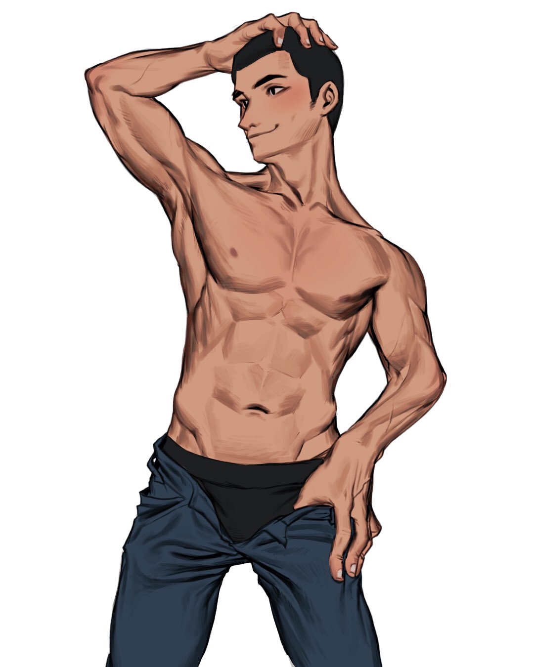 1boy abs arm_up armpits biceps black_pants blush cowboy_shot hand_on_own_head highres male_focus muscular muscular_male navel nipples original pants pectorals rinotuna simple_background smile solo topless_male white_background