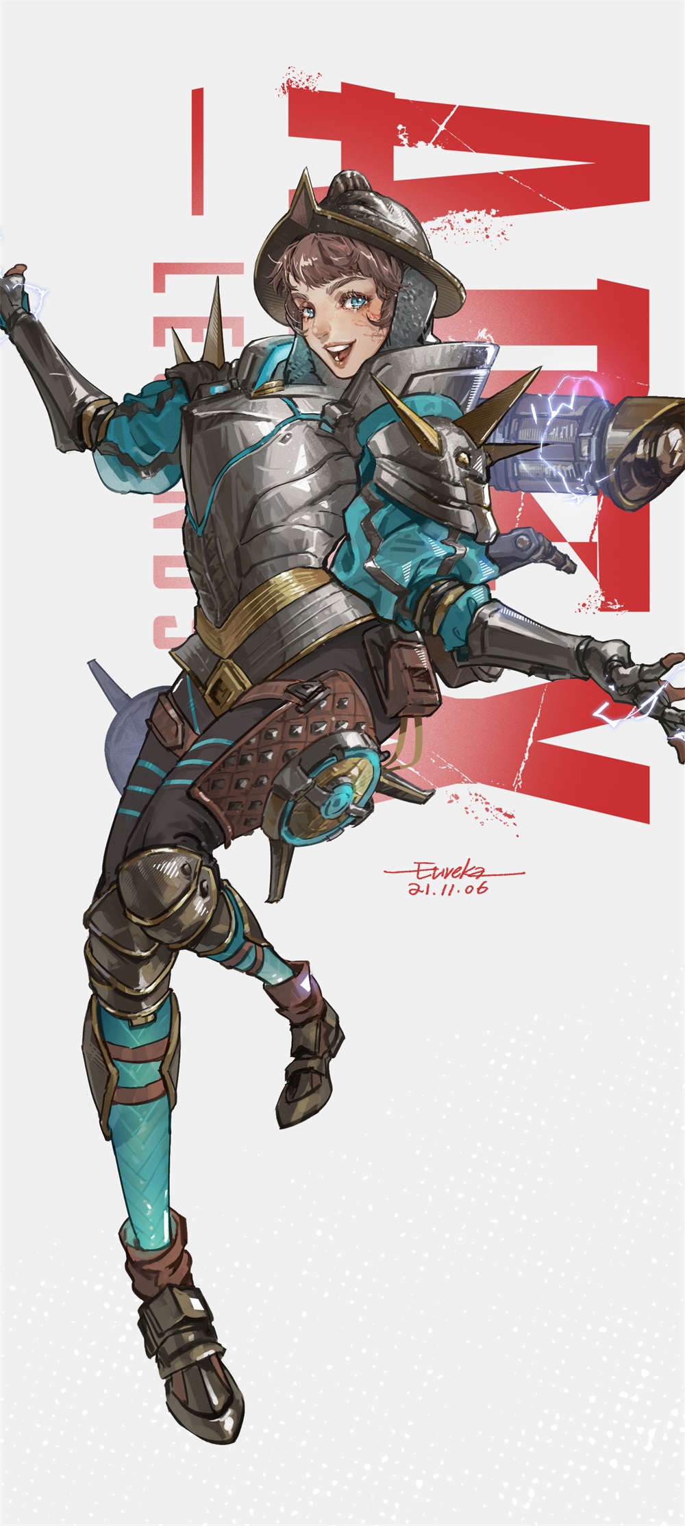 1girl apex_legends armor artist_name bangs blue_eyes blue_jacket blush brown_footwear brown_hair copyright_name dated electricity eureka1812 helmet highres jacket logo looking_at_viewer open_hands open_mouth shoulder_spikes smile solo spikes wattson_(apex_legends)