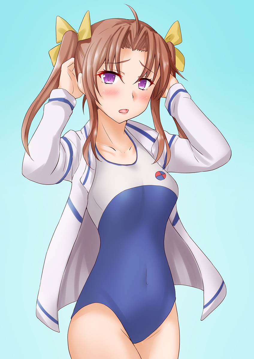 1girl ahoge anti_(untea9) aqua_background arms_behind_head blue_swimsuit blush breasts brown_hair collarbone cowboy_shot eyebrows hair_ribbon high_school_fleet highres jacket kagerou_(kancolle) kantai_collection lips long_hair long_sleeves looking_at_viewer medium_breasts new_school_swimsuit open_mouth ribbon school_swimsuit simple_background solo swimsuit swimsuit_under_clothes twintails two-tone_swimsuit violet_eyes white_jacket white_swimsuit yellow_ribbon