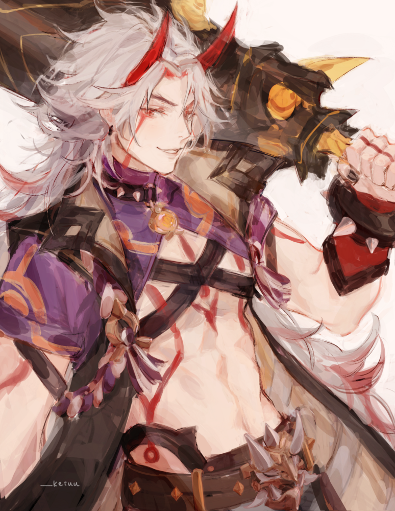 1boy abs arataki_itto artist_name bangs belt body_markings earrings genshin_impact holding holding_sword holding_weapon horns japanese_clothes jewelry keiuu large_pectorals long_hair looking_at_viewer oni oni_horns pectorals red_eyes smile solo spikes sword vision_(genshin_impact) weapon white_hair