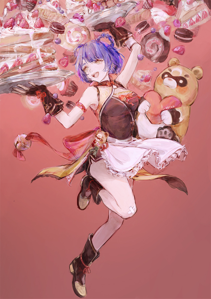 1girl bangs bare_shoulders bell belt blue_hair boots braid braided_bun breasts cake candy chinese_clothes dress fingerless_gloves food full_body genshin_impact gloves hair_ornament hair_rings hairclip heart keiuu leotard open_mouth red_background ribbon ribbon_braid short_hair sleeveless smile solo stuffed_animal stuffed_toy teddy_bear vision_(genshin_impact) xiangling_(genshin_impact) yellow_eyes