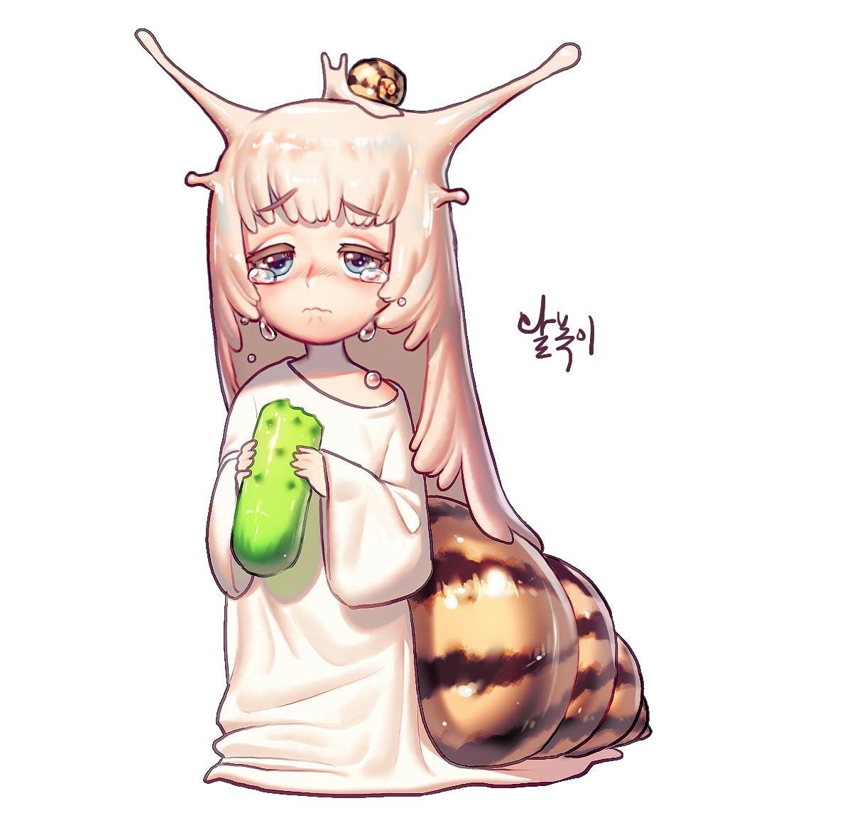 1girl animal_on_head bangs blue_eyes dress eyebrows_visible_through_hair food full_body holding holding_food long_sleeves on_head original platinum_blonde_hair rinotuna shadow shell simple_background snail snail_girl snail_on_head snail_shell solo standing tears white_background white_dress wide_sleeves