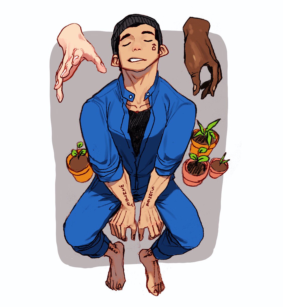 1boy barefoot black_hair blue_jumpsuit closed_eyes full_body grey_background hands highres invisible_chair leaf long_sleeves original parted_lips plant potted_plant rinotuna shadow short_hair sitting