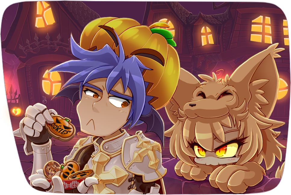 1boy 1girl :&lt; :3 animal_hands armor bangs black_wings blonde_hair blue_hair bowl breastplate building cape closed_mouth cobblestone colored_sclera commentary cookie cross daniel_renard demon_wings door english_commentary fence food fox_girl fox_hat fox_tail gauntlets halloween head_wings holding holding_bowl holding_food house in-universe_location jack-o'-lantern lamppost looking_at_another looking_to_the_side lord_knight_(ragnarok_online) moonlight_flower orange_eyes outdoors pauldrons pumpkin pumpkin_hat purple_sky ragnarok_online red_cape red_eyes short_hair shoulder_armor spiked_gauntlets tail upper_body wall wings yellow_sclera