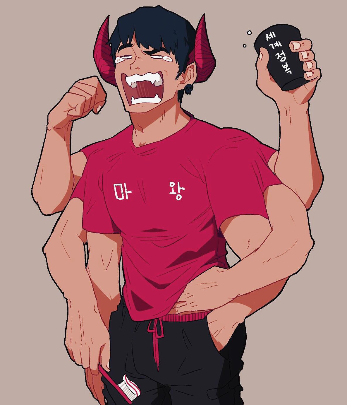 1boy black_pants cowboy_shot earrings extra_arms grey_background highres holding holding_toothbrush horns jewelry male_focus open_mouth original pants print_shirt red_horns red_shirt rinotuna shirt short_sleeves simple_background solo toothbrush toothpaste yawning
