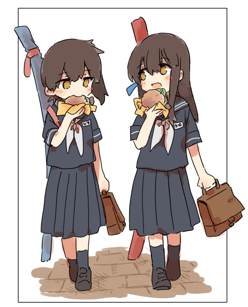 2girls akagi_(kancolle) bag black_footwear black_legwear black_sailor_collar black_serafuku black_shirt black_skirt blush brown_eyes brown_hair burger commentary_request eating eyebrows_visible_through_hair food holding ina_(1813576) kaga_(kancolle) kantai_collection long_hair multiple_girls neckerchief open_mouth pleated_skirt ponytail sailor_collar school_uniform serafuku shirt shoes skirt socks uniform white_neckerchief