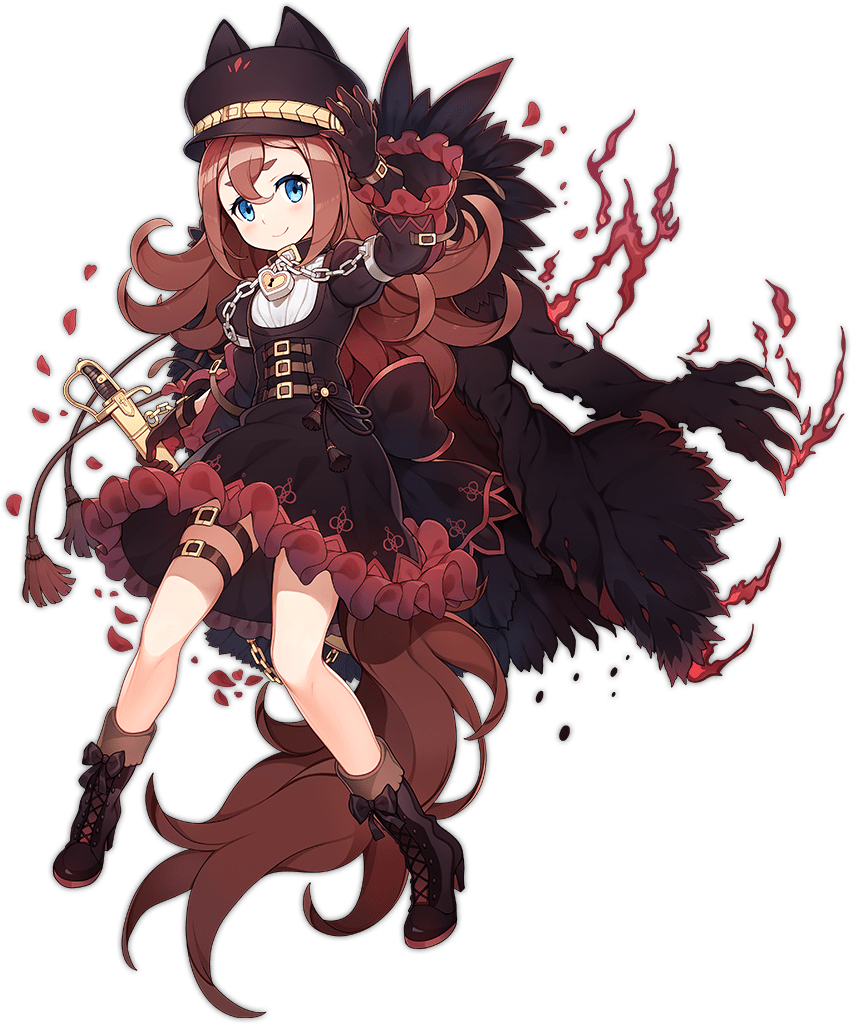 1girl animal_collar ark_order bangs black_bow black_dress black_footwear black_gloves black_headwear blue_eyes boots bow bow_footwear brown_hair chain closed_mouth collar dagger darkness dress fire frilled_dress frilled_sleeves frills full_body fur-trimmed_boots fur_trim gloves hat hat_with_ears heart-shaped_lock holding holding_dagger holding_weapon juliet_sleeves knife lock long_hair long_sleeves looking_at_viewer mtyy official_art peaked_cap puffy_sleeves shadow sheath sheathed smile solo tachi-e tail thigh_strap transparent_background weapon werewolf_(ark_order) wolf_girl wolf_tail
