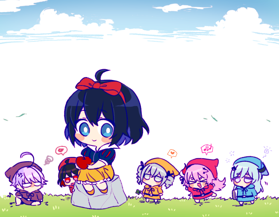 &gt;_&lt; 6+girls 6_(yuchae) :d anger_vein bangs blue_eyes blue_hair blue_sky blush bow bronya_zaychik chibi closed_mouth clouds cloudy_sky cosplay dress drill_hair food fruit full_body grass grey_eyes grey_hair hair_bow headband heart holding holding_food holding_fruit honkai_(series) honkai_impact_3rd horns liliya_olenyeva long_hair multicolored_hair multiple_girls musical_note open_mouth outdoors pink_hair purple_hair red_eyes redhead rock rozaliya_olenyeva seele_(alter_ego) seele_vollerei short_hair short_sleeves siblings sin_mal single_horn sitting sky smile snow_white_(disney) snow_white_(disney)_(cosplay) snow_white_and_the_seven_dwarfs spoken_heart spoken_musical_note twin_drills twins two-tone_hair