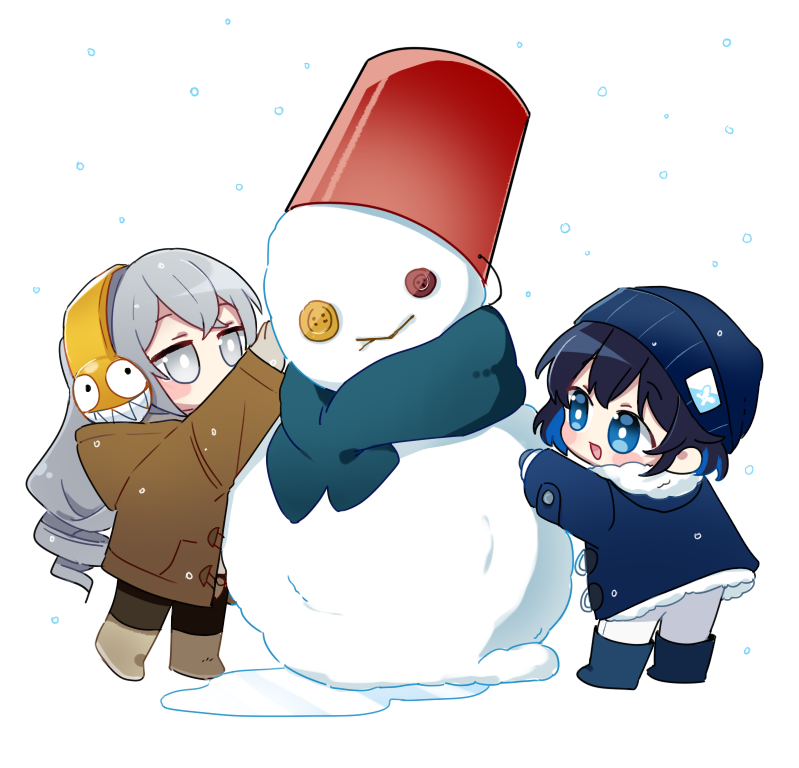 2girls 6_(yuchae) :d bangs beanie blue_coat blue_eyes blue_footwear blue_hair boots bronya_zaychik brown_coat brown_footwear brown_pants bucket chibi coat earmuffs full_body green_scarf grey_eyes grey_hair hair_between_eyes hat homu_(honkai_impact) honkai_(series) honkai_impact_3rd long_hair multiple_girls open_mouth pants scarf seele_vollerei short_hair simple_background smile snowman white_background white_pants winter winter_clothes