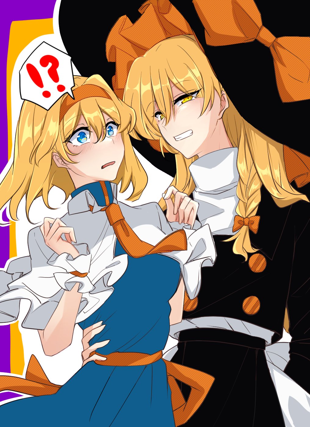 !? 2girls alice_margatroid arms_up ascot back_bow bangs black_headwear black_skirt black_vest blonde_hair blue_eyes blush bow braid breasts buttons capelet commentary_request eyebrows_visible_through_hair eyelashes fingernails flat_chest flustered fuko_(fukkofuko) grin hair_between_eyes hair_ribbon hairband hand_on_another's_waist hat hat_bow hat_ribbon high_collar highres kirisame_marisa large_breasts looking_at_another multiple_girls open_mouth orange_bow orange_hairband orange_neckwear orange_ribbon ribbon shiny shiny_hair shirt sidelocks single_braid skirt smile standing touhou tress_ribbon upper_body vest white_capelet white_shirt witch_hat wrist_cuffs yellow_eyes yuri