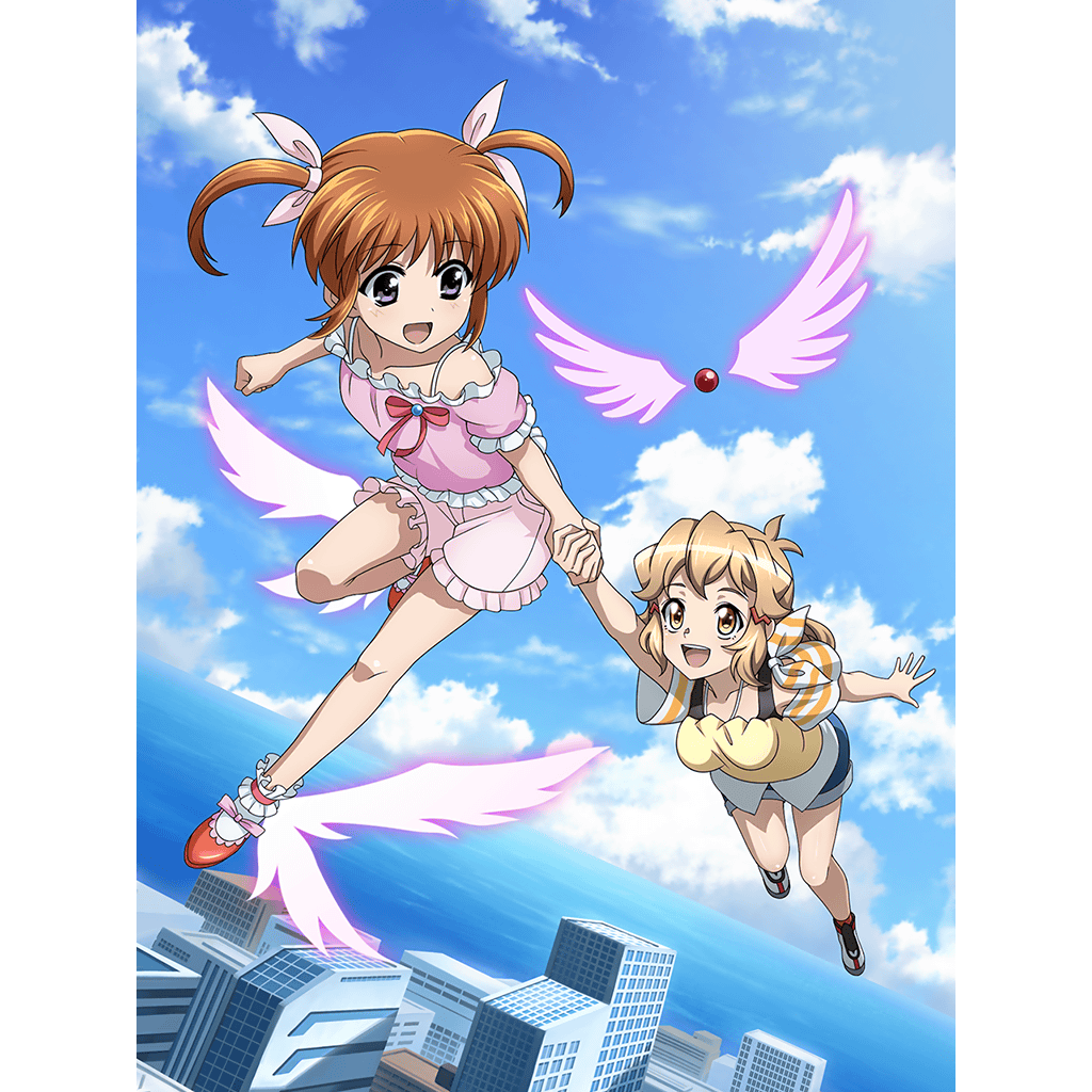 2girls artist_request blonde_hair blue_eyes blush breasts brown_eyes eyebrows_visible_through_hair flying hair_ribbon holding_hands large_breasts looking_at_another lyrical_nanoha mahou_shoujo_lyrical_nanoha multiple_girls official_art open_mouth raising_heart ribbon senki_zesshou_symphogear senki_zesshou_symphogear_xd_unlimited shiny shiny_hair short_hair sky small_breasts smile tachibana_hibiki_(symphogear) takamachi_nanoha twintails