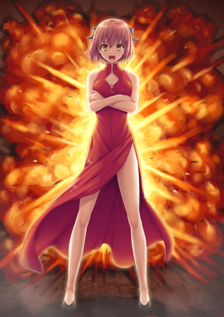 1girl alternate_costume bangs bare_shoulders blue_bow bow breasts china_dress chinese_clothes cleavage_cutout clothing_cutout crossed_arms dress explosion eyebrows_visible_through_hair gunbuster_pose hair_between_eyes hair_bow kohaku_(tsukihime) looking_at_viewer medium_breasts melty_blood melty_blood:_type_lumina mixed-language_commentary miyai_sen mr._chin official_alternate_costume open_mouth pelvic_curtain red_dress redhead sleeveless sleeveless_dress smile solo thighs tongue tsukihime tsukihime_(remake) yellow_eyes