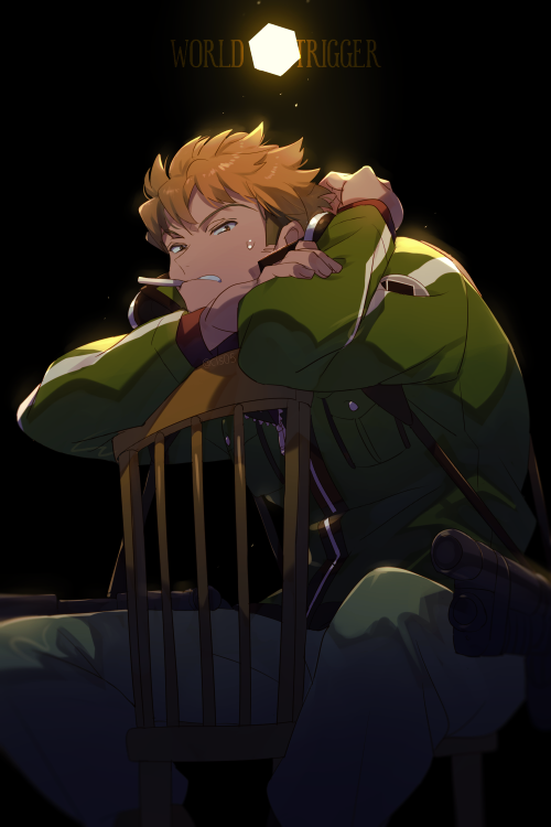 1boy arm_rest bangs black_background blonde_hair chair cigarette copyright_name cube echo_(circa) feet_out_of_frame green_jacket gun head_rest jacket long_sleeves looking_at_viewer male_focus pants short_hair sideburns simple_background sitting sitting_backwards solo suwa_koutarou sweat teeth_hold weapon world_trigger