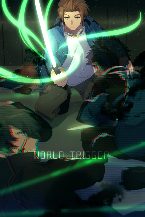 4boys amputee battle black_hair blue_eyes blurry brown_hair copyright_name echo_(circa) glowing glowing_sword glowing_weapon goggles goggles_around_neck hair_slicked_back holding holding_sword holding_weapon injury jacket jin_yuuichi kazama_souya long_sleeves looking_at_another looking_at_viewer motion_blur multiple_boys on_floor open_clothes open_jacket pants profile smile smoke solo_focus squatting sword tachikawa_kei uniform utagawa_ryou_(world_trigger) weapon world_trigger