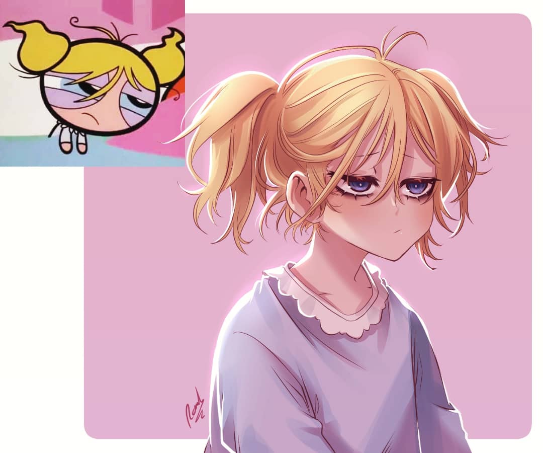 1girl :/ antenna_hair backlighting bags_under_eyes big_eyes blonde_hair blue_eyes blue_pajamas buttercup_(ppg) buttercup_redraw_challenge collar commentary_request derivative_work frilled_collar frills half-closed_eyes looking_away looking_to_the_side messy_hair pajamas pink_background powerpuff_girls rawder reference_inset screencap_redraw signature simple_background solo spanish_commentary twintails upper_body