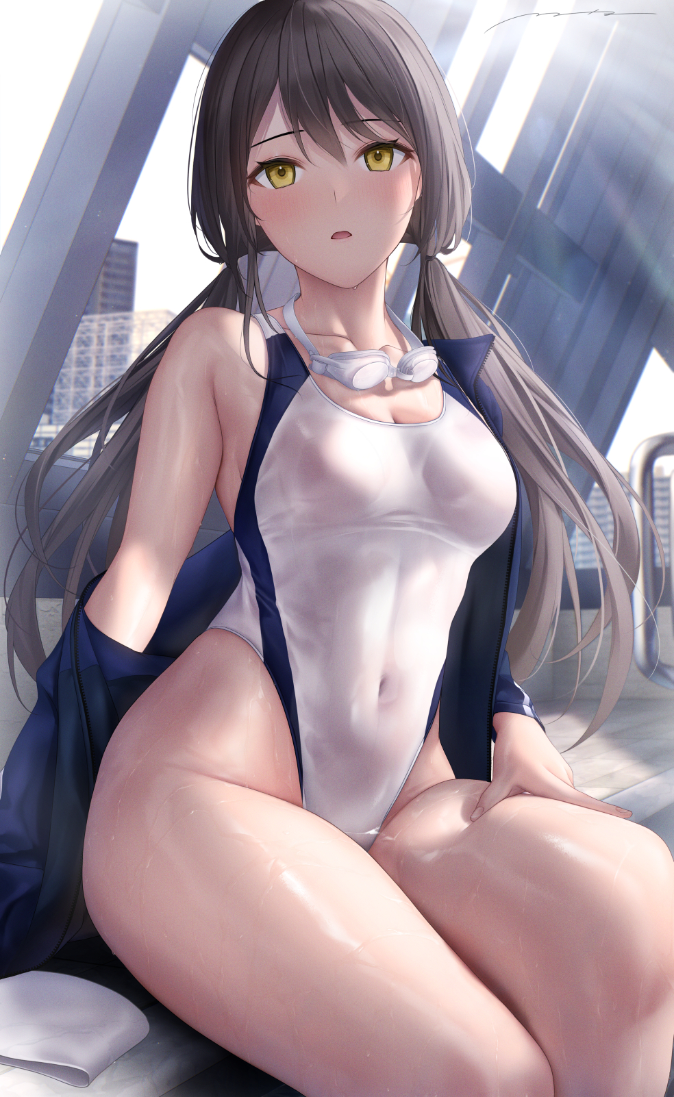 1girl bangs blue_jacket breasts brown_hair collarbone commentary competition_swimsuit covered_navel eyebrows_visible_through_hair goggles goggles_around_neck hair_between_eyes hand_on_own_thigh highleg highleg_swimsuit highres jacket long_hair looking_at_viewer low_twintails medium_breasts mhru off_shoulder one-piece_swimsuit open_clothes open_jacket original parted_lips revision single_bare_shoulder sitting solo swimsuit twintails wet wet_clothes wet_swimsuit white_swimsuit yellow_eyes