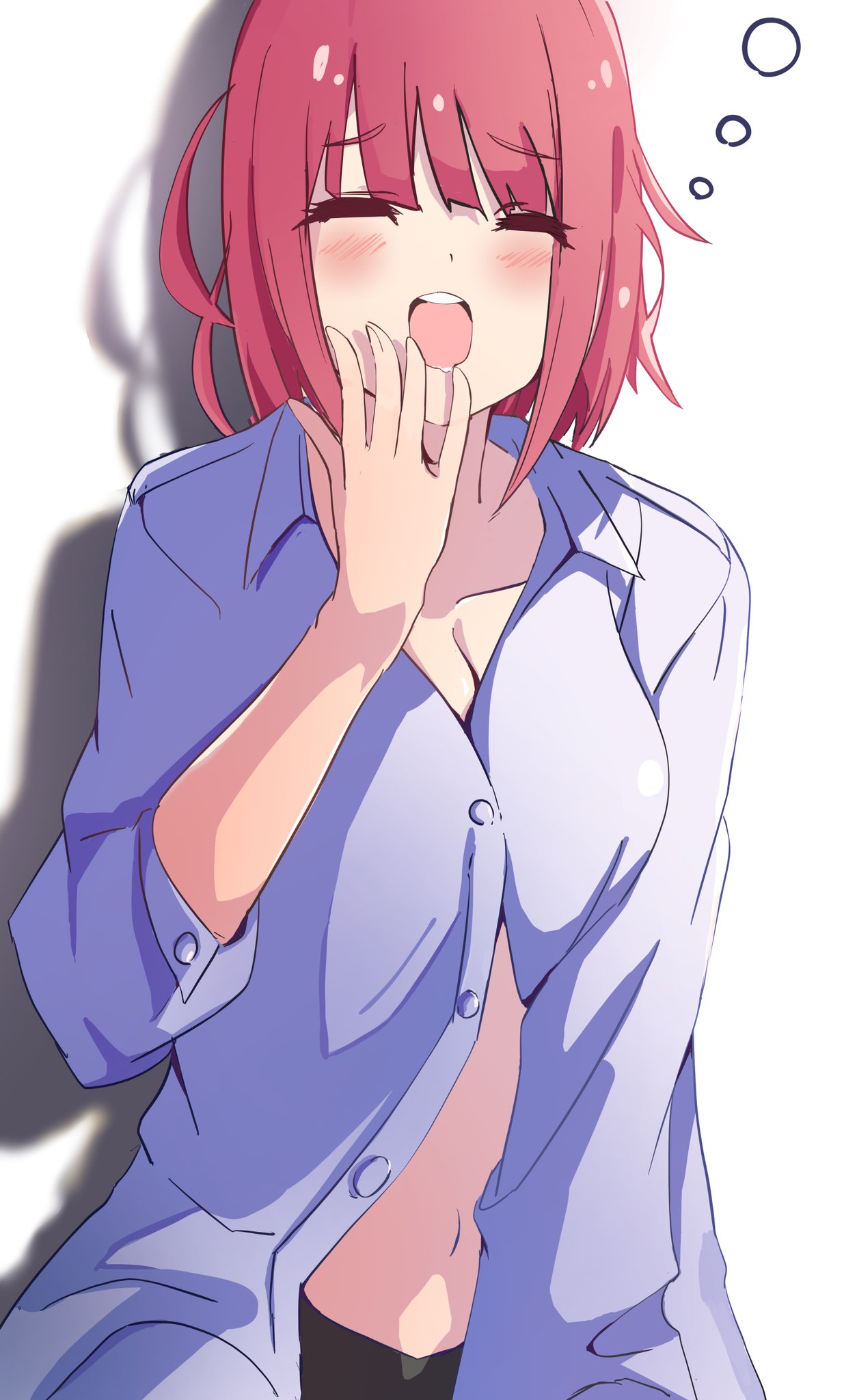 1girl bangs blunt_bangs breasts closed_eyes go-toubun_no_hanayome highres kei_sudachi nakano_nino navel open_mouth pink_hair shirt stomach stomach_day unbuttoned unbuttoned_shirt waking_up yawning