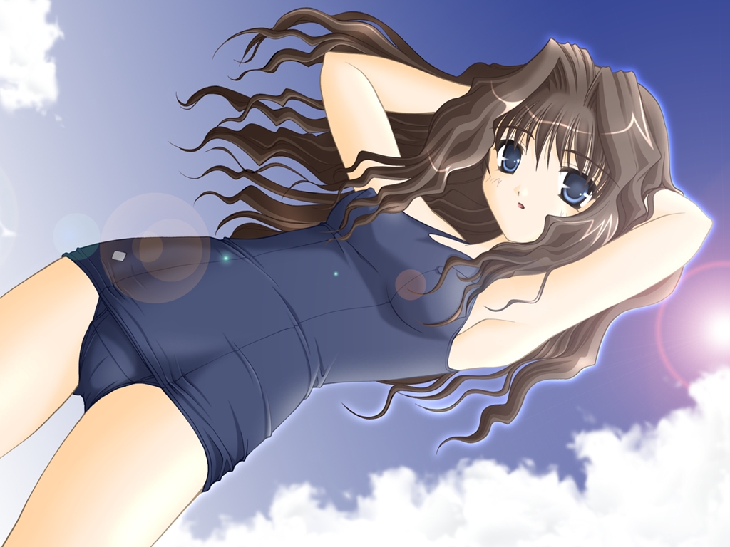 1girl armpits arms_up blue_eyes blue_swimsuit brown_hair clouds covered_nipples day dutch_angle eyebrows_visible_through_hair hair_between_eyes hair_intakes kanon lens_flare long_hair misaka_kaori non-web_source one-piece_swimsuit open_mouth outdoors satomi_hidefumi school_swimsuit sky solo sun swimsuit