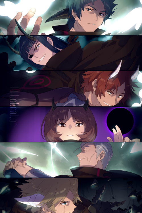 1girl bangs bird black_hair black_sclera blonde_hair blue_eyes blunt_bangs brown_eyes brown_hair cloak colored_sclera column_lineup cracked_skin debris echo_(circa) enedra glowing green_hair grey_hair grin hairein horns hyuse lamvanein looking_at_viewer mira_(world_trigger) mismatched_sclera sidelocks smile viza world_trigger