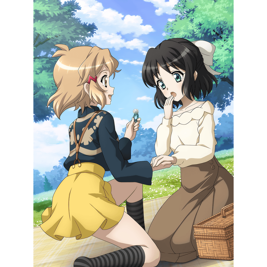 2girls artist_request black_hair blonde_hair blue_eyes blush brown_eyes collarbone eyebrows_visible_through_hair hair_ornament hair_ribbon hairclip jewelry kohinata_miku looking_at_another miniskirt multiple_girls official_art open_mouth outdoors proposal ribbon ring senki_zesshou_symphogear shiny shiny_hair short_hair sitting skirt tachibana_hibiki_(symphogear) yellow_skirt yuri