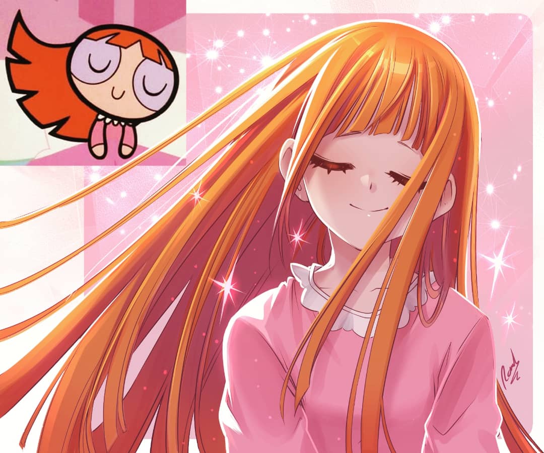 1girl bangs big_eyes blossom_(ppg) blunt_bangs closed_eyes collar collarbone commentary_request derivative_work frilled_collar frills long_hair orange_hair pajamas pink_background pink_pajamas powerpuff_girls rawder reference_inset screencap_redraw sidelocks signature simple_background smile solo spanish_commentary sparkle upper_body