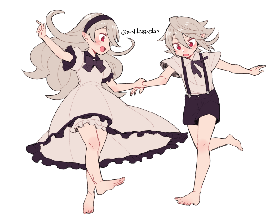 1boy 1girl alternate_costume bangs barefoot black_bow black_headband black_neckwear black_ribbon black_shorts bloomers blush bow bowtie corrin_(fire_emblem) corrin_(fire_emblem)_(female) corrin_(fire_emblem)_(male) do_m_kaeru dress dual_persona eyebrows_visible_through_hair fire_emblem fire_emblem_fates frilled_dress frills full_body grey_hair hair_between_eyes headband holding holding_another's_arm long_hair manakete neck_ribbon open_mouth pointing pointy_ears puffy_short_sleeves puffy_sleeves red_eyes ribbon shirt short_hair short_sleeves shorts simple_background smile suspender_shorts suspenders tongue twitter_username underwear white_background white_dress white_shirt younger