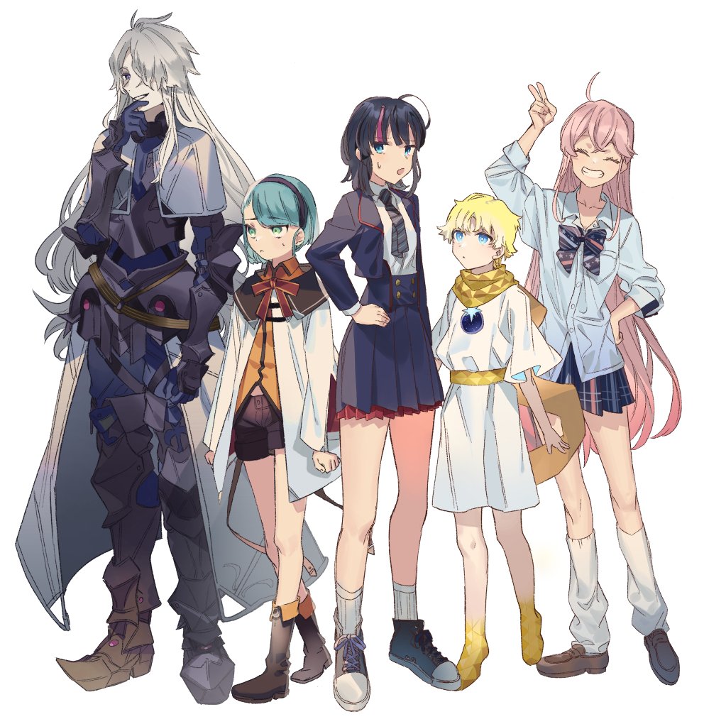 2boys 3girls ahoge armor black_hair blonde_hair boots fate/requiem fate_(series) galahad_alter green_hair grin hairband hand_on_hip karin_(fate) koharu_f_riedenflaus leg_warmers long_hair multiple_boys multiple_girls necktie noko_morokoshi pink_hair pleated_skirt scarf shoes skirt smile sneakers utsumi_erise v voyager_(fate) white_background white_hair