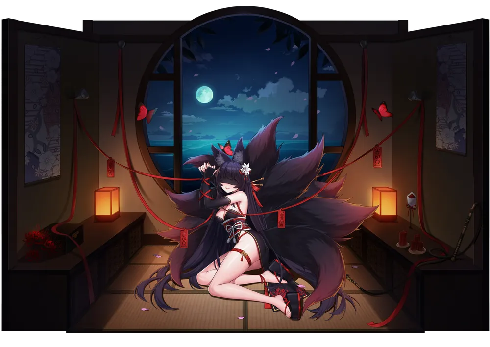 1girl animal_ear_fluff animal_ears artist_request bangs bare_shoulders black_blindfold black_gloves black_hair blindfold blush bound bound_arms breasts bug butterfly counter_side elbow_gloves fingerless_gloves floral_print gloves indoors lantern long_hair masochism multiple_tails night night_sky obi official_alternate_costume official_art paper_lantern pelvic_curtain rope round_window sash serapel_(counter_side) sitting sky smile solo tail thigh_strap white_rope window yokozuwari