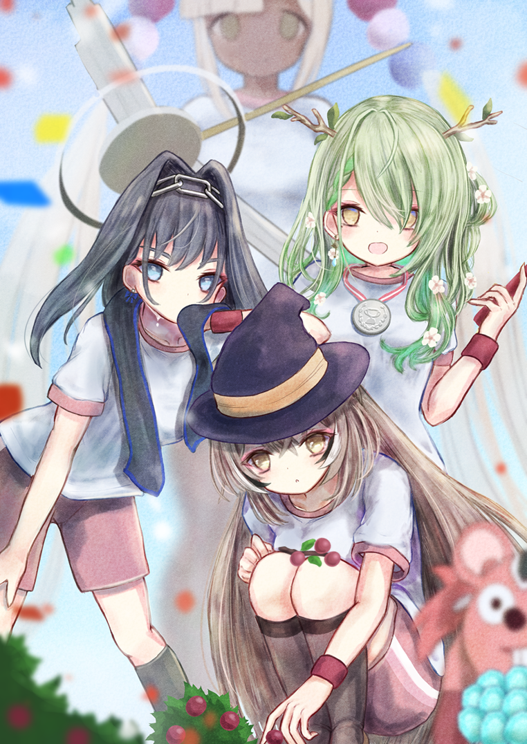 antlers baton berry branch brown_eyes brown_hair ceres_fauna confetti dark_skin flower green_hair gym_shorts gym_uniform hair_flower hair_intakes hair_ornament hakos_baelz hat hololive hololive_english leaf long_hair looking_at_viewer medal nanashi_mumei ouro_kronii shorts smile sweat sweatdrop towel towel_around_neck tsukumo_sana twintails very_long_hair virtual_youtuber white_hair witch_hat wristband