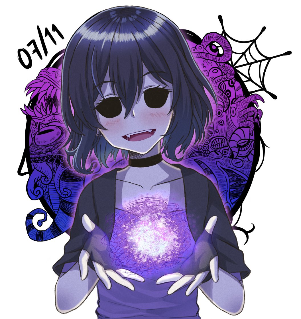 1girl black_choker black_gloves black_hair black_sclera choker collarbone colored_sclera cupping_hands eldritch_abomination fangs fingerless_gloves gloves looking_at_viewer open_mouth original short_hair smile solo ximsol182