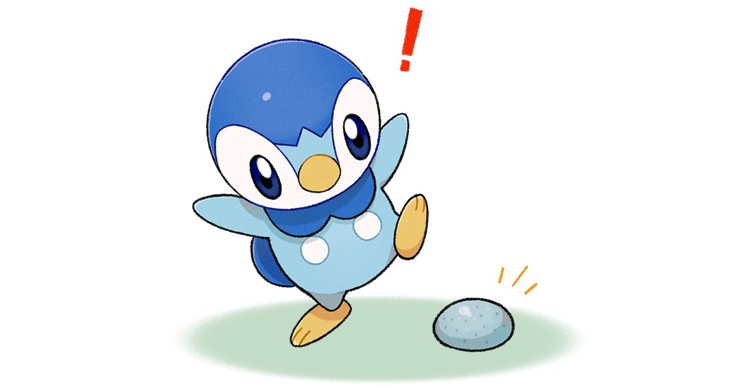 ! blue_eyes closed_mouth commentary_request full_body leg_up looking_down no_humans notice_lines official_art piplup pokemon pokemon_(creature) project_pochama solo standing standing_on_one_leg stone toes white_background
