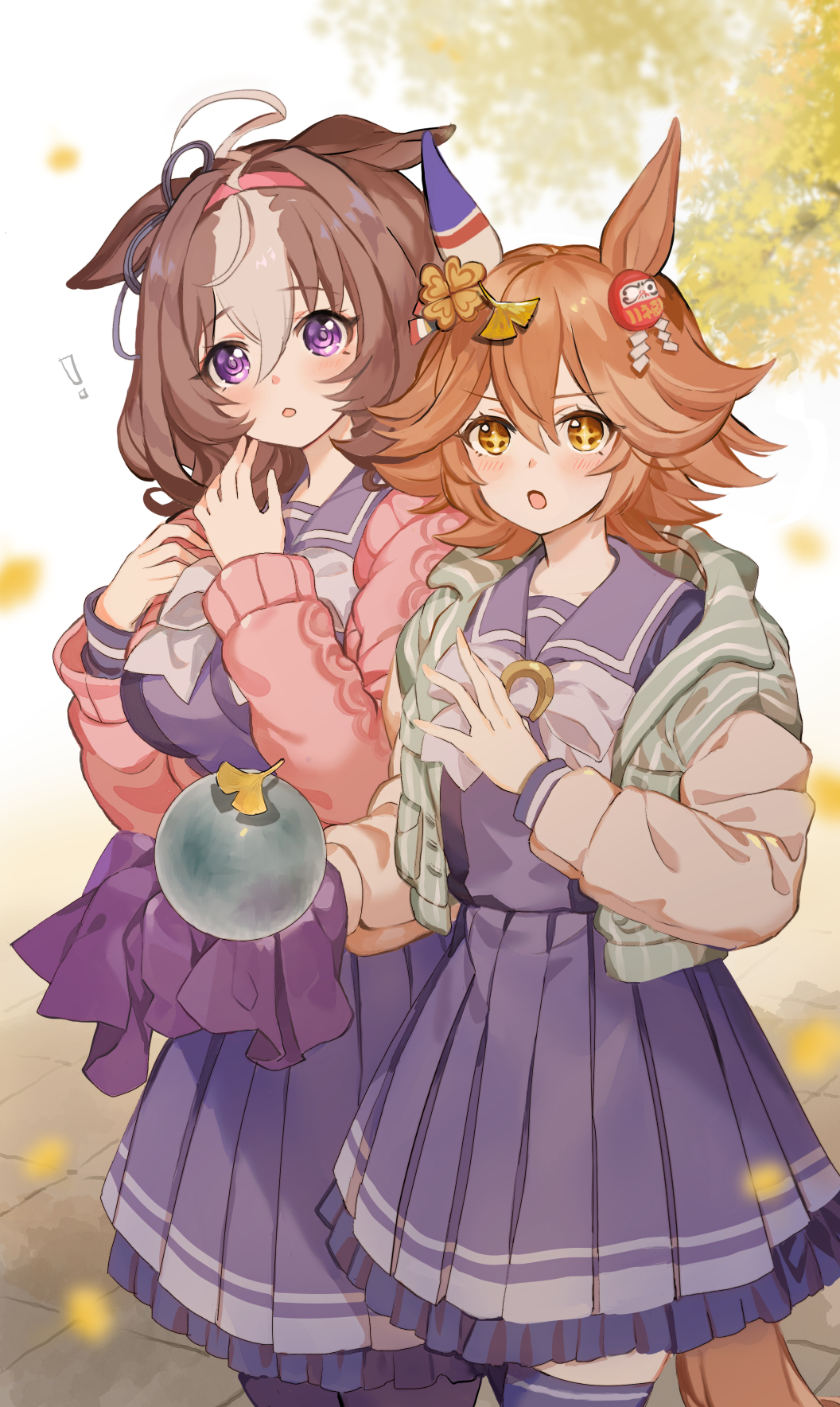 +_+ 2girls :o animal_ears autumn autumn_leaves blush bow bowtie breasts brown_hair cardigan cowboy_shot ear_covers highres horse_ears horse_girl horse_tail horseshoe_ornament jacket large_breasts long_sleeves looking_at_viewer matikanefukukitaru_(umamusume) meisho_doto_(umamusume) miniskirt multiple_girls pink_cardigan pleated_skirt purple_legwear purple_shirt purple_skirt sailor_collar sailor_shirt school_uniform serafuku shirt skirt tail tracen_school_uniform umamusume violet_eyes white_bow white_bowtie winter_uniform yoshida_(ne)