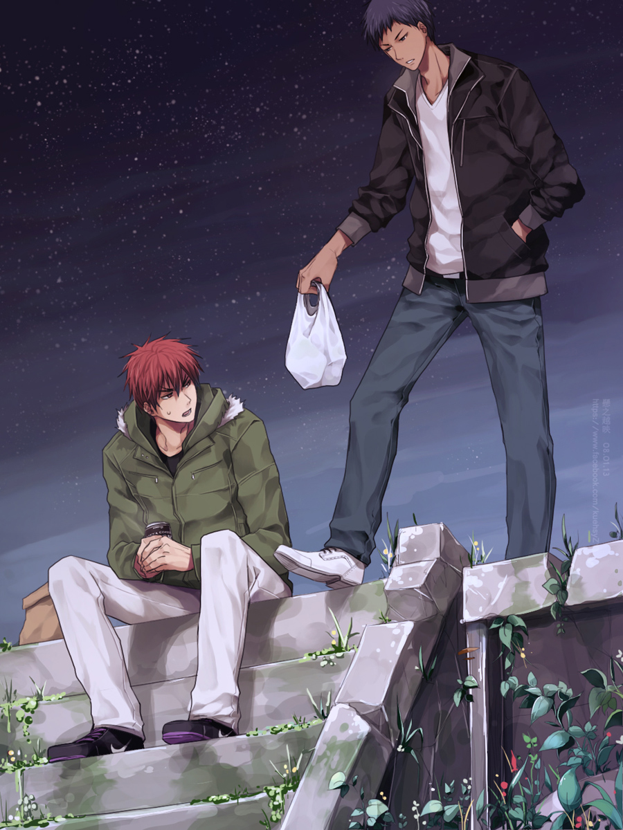 2boys aomine_daiki bag black_jacket blue_hair can chinese_commentary dark-skinned_male dark_skin denim drink full_body fur-trimmed_jacket fur_trim hand_in_pocket highres holding holding_bag holding_drink hood hood_down jacket jeans kagami_taiga ladder long_sleeves male_focus multiple_boys night night_sky outdoors pants paper_bag plastic_bag redhead shoes short_hair sitting sky sneakers star_(sky) sweatdrop white_pants xuan_zhi_yue_ying